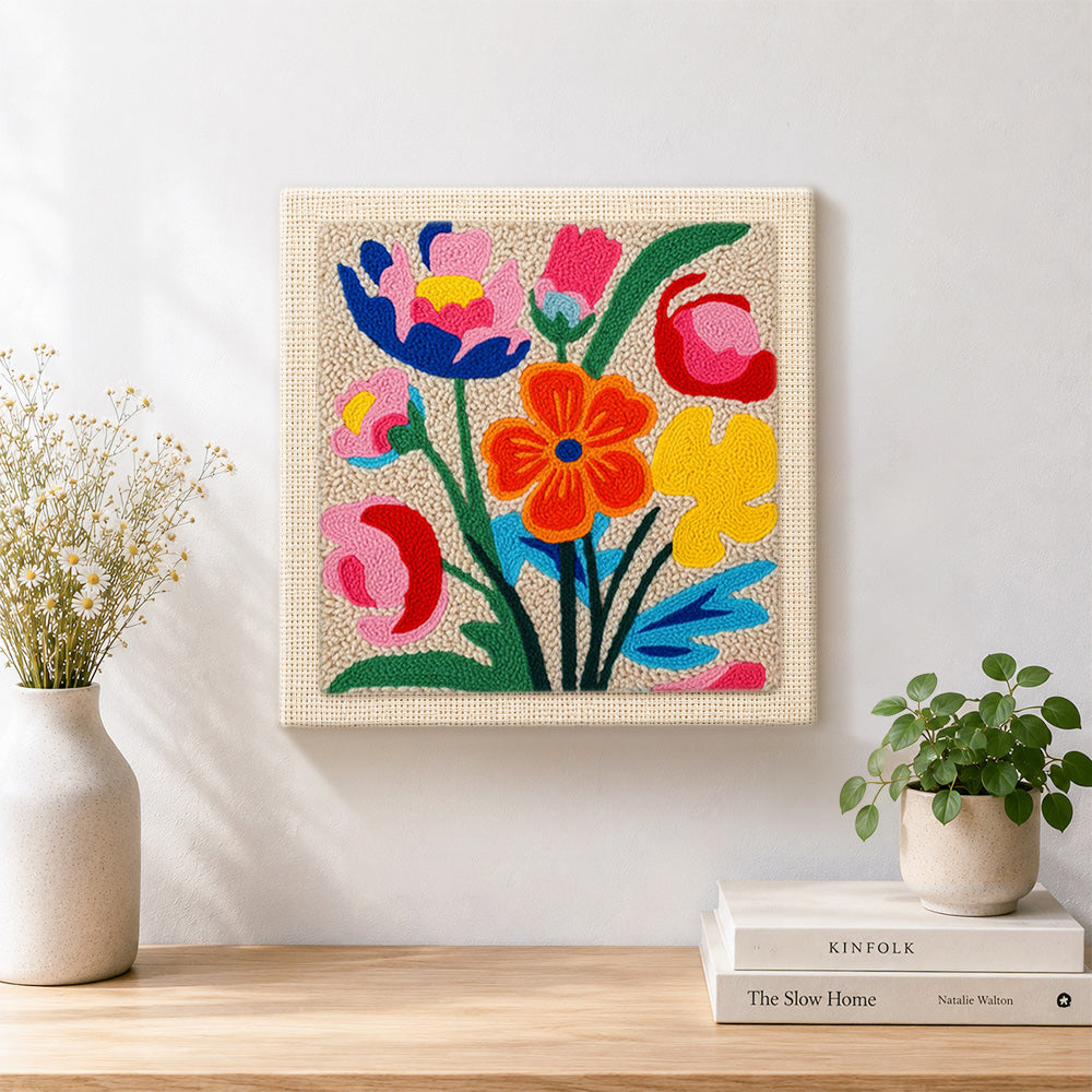 Finished vibrant abstract tulips artwork displayed on a wall