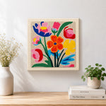 Finished vibrant abstract tulips artwork displayed on a wall
