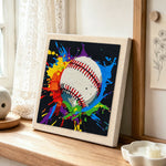 Vibrant baseball splash art punch needle artwork displayed on a table