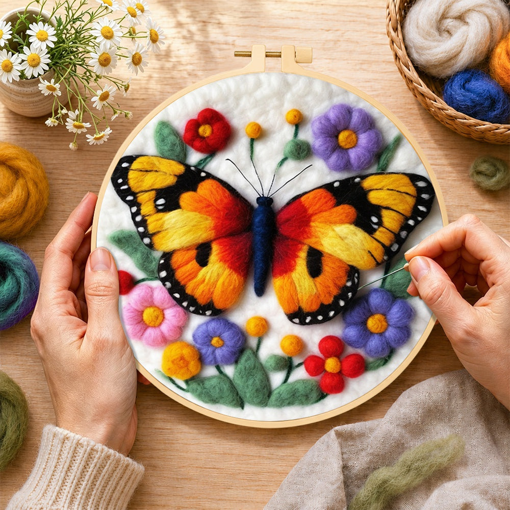 Creating the vibrant butterfly and flowers wool painting by hand with a felting needle