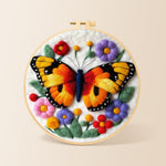 Vibrant butterfly and flowers needle felting kit for beginners with a round wooden frame