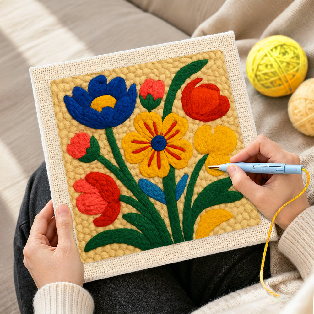 Creating handmade vibrant colourful florals punch needle artwork