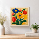 Finished vibrant colourful florals artwork displayed on a wall