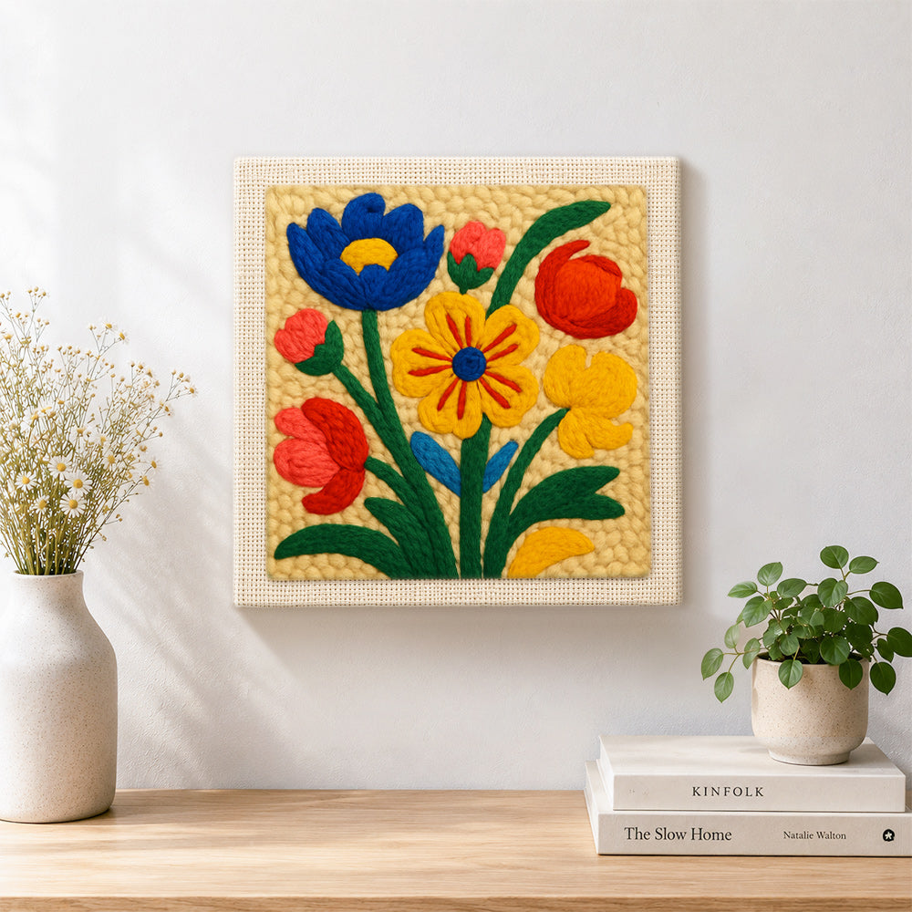 Finished vibrant colourful florals artwork displayed on a wall
