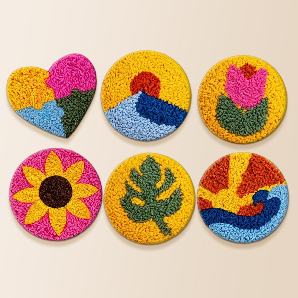 Vibrant flowers, heart and sun punch needle coaster kit finished handmade coasters
