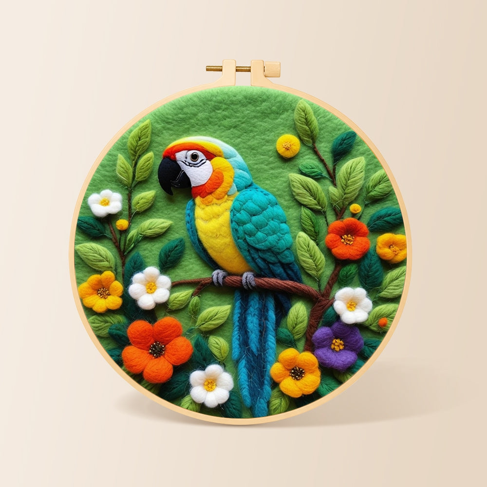 Vibrant jungle parrot needle felting kit for beginners with a round wooden frame