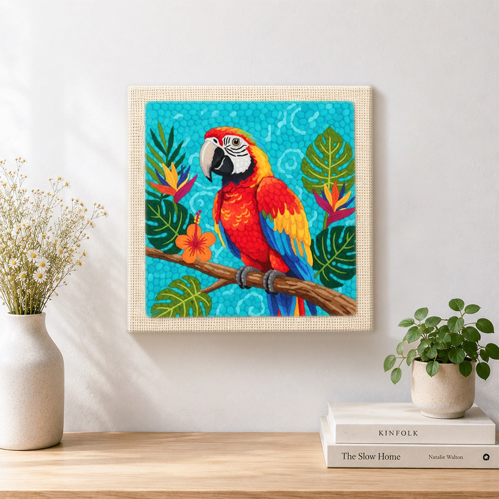 Finished vibrant macaw parrot artwork displayed on a wall
