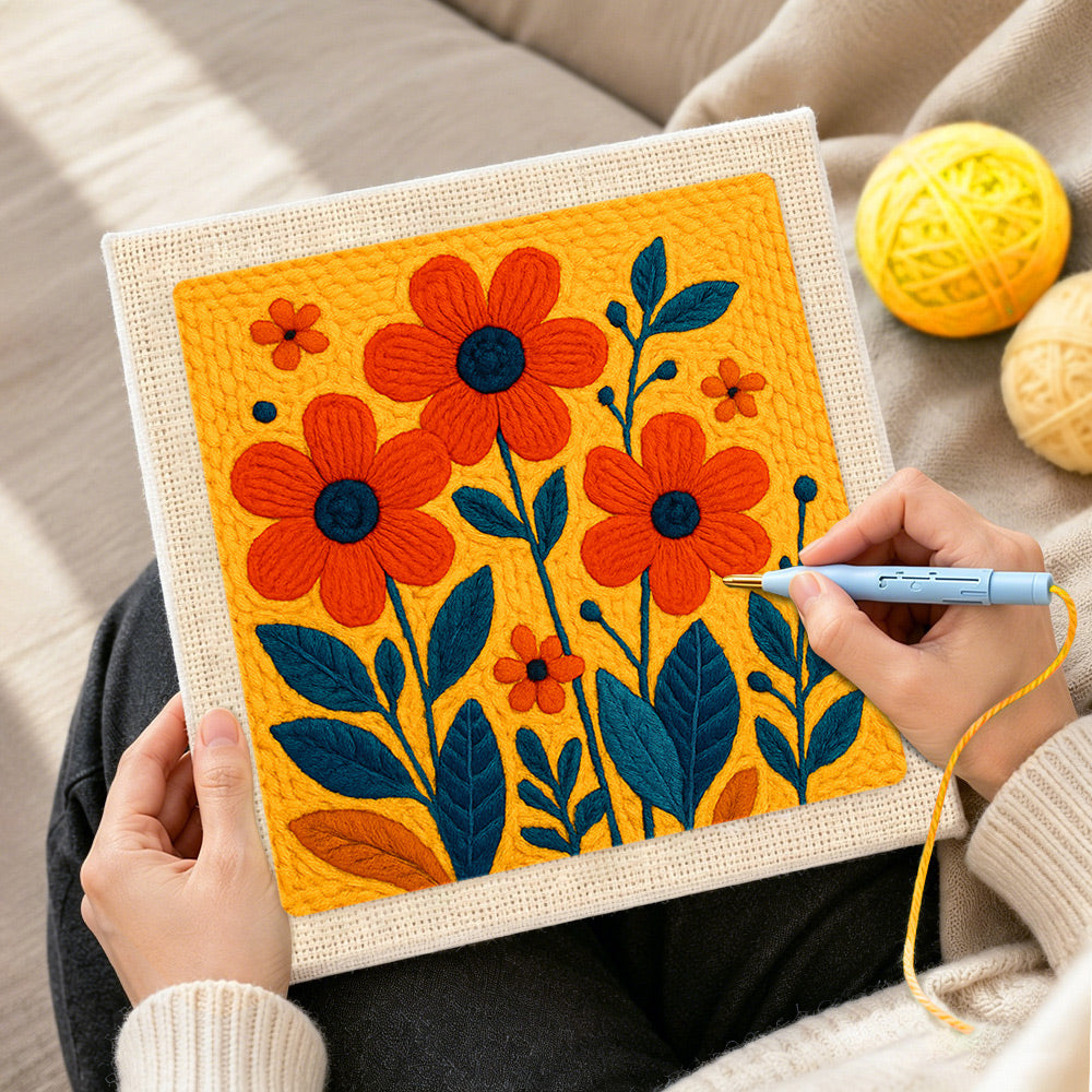 Creating handmade vibrant orange florals punch needle artwork
