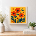 Finished vibrant orange florals artwork displayed on a wall
