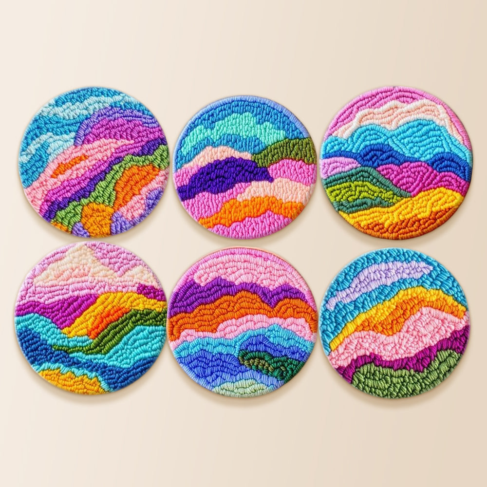 Vibrant rainbow mountains punch needle coaster kit finished handmade coasters