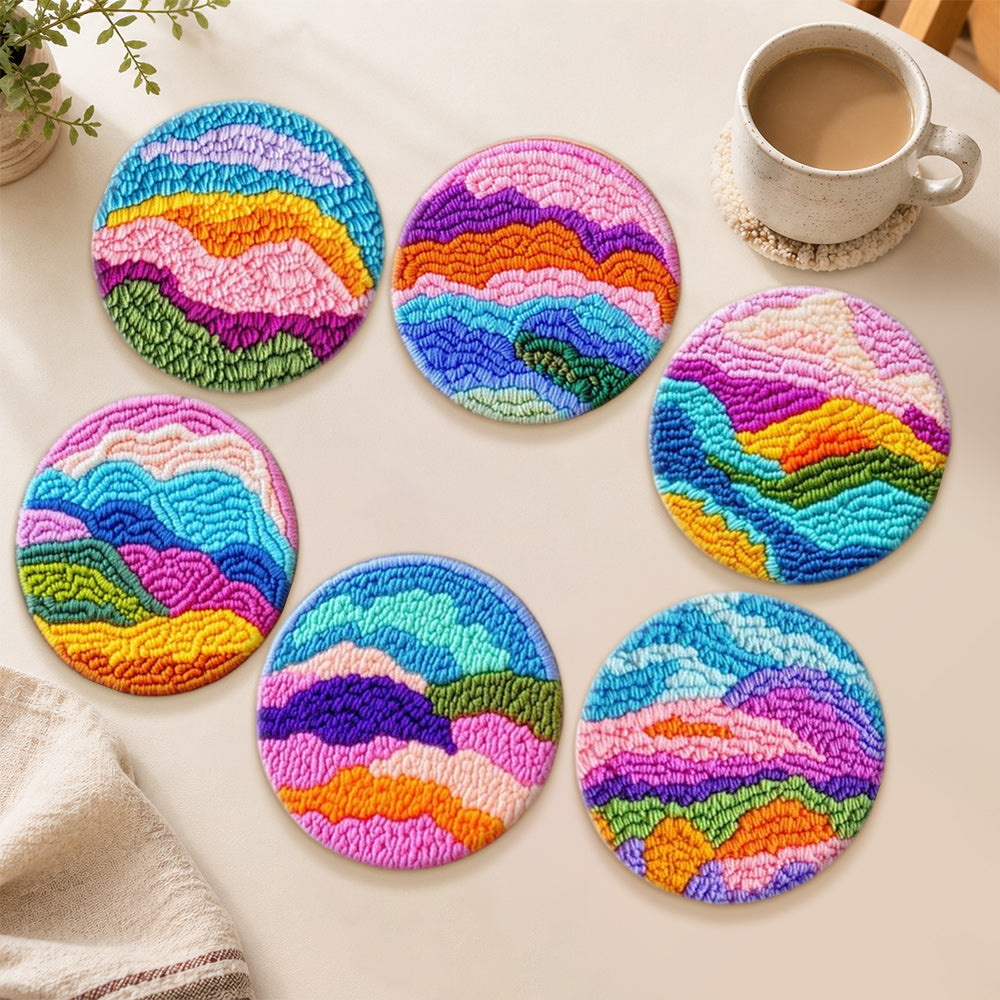Vibrant rainbow mountains punch needle coasters used for home decoration