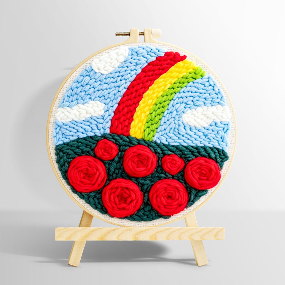 Vibrant rainbow with red roses punch needle kit for beginners