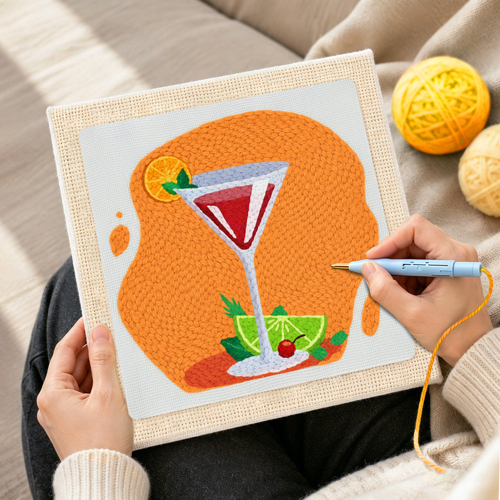 Creating handmade vibrant red cocktail with lime punch needle artwork
