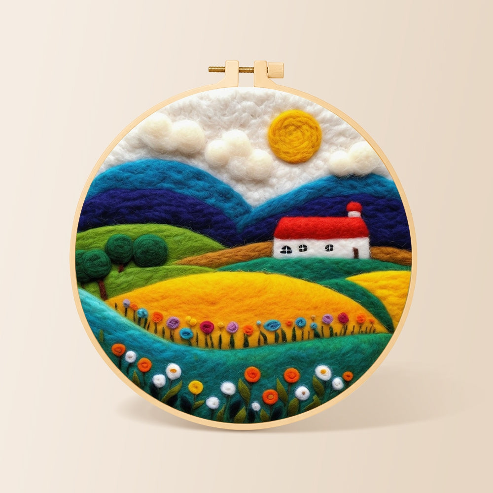 Vibrant rural fields needle felting kit for beginners with a round wooden frame