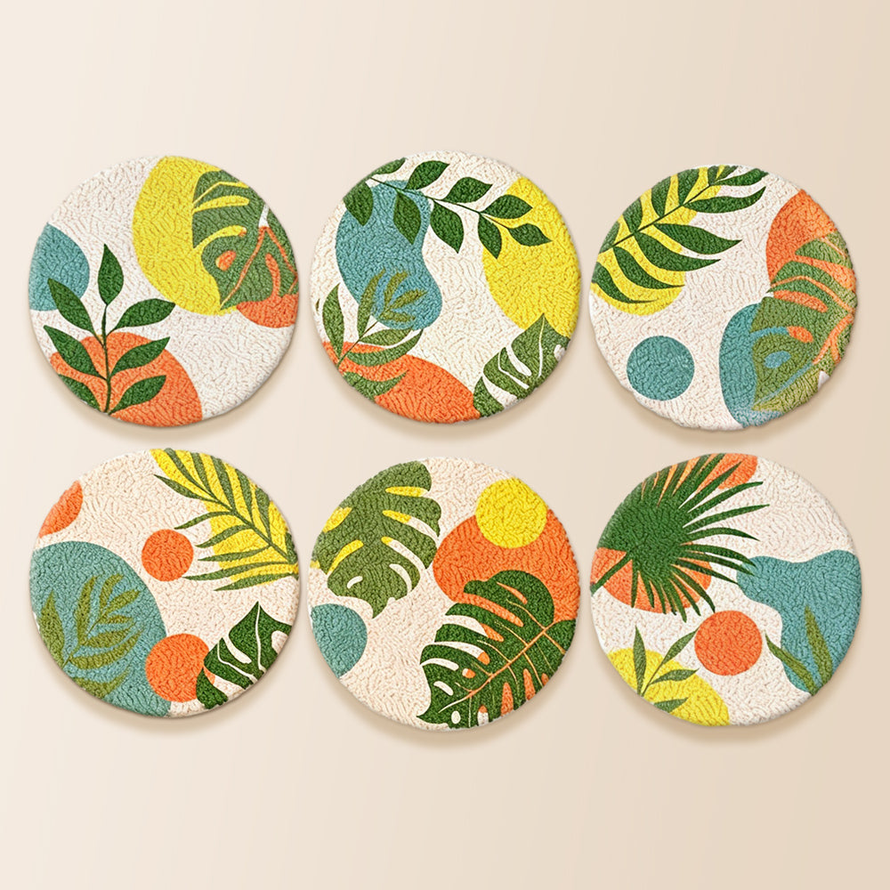 Vibrant summer tropical leaves punch needle coaster kit finished handmade coasters