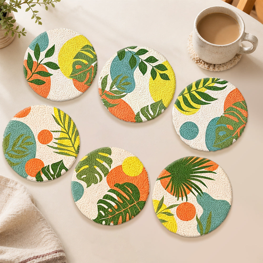 Vibrant summer tropical leaves punch needle coasters used for home decoration