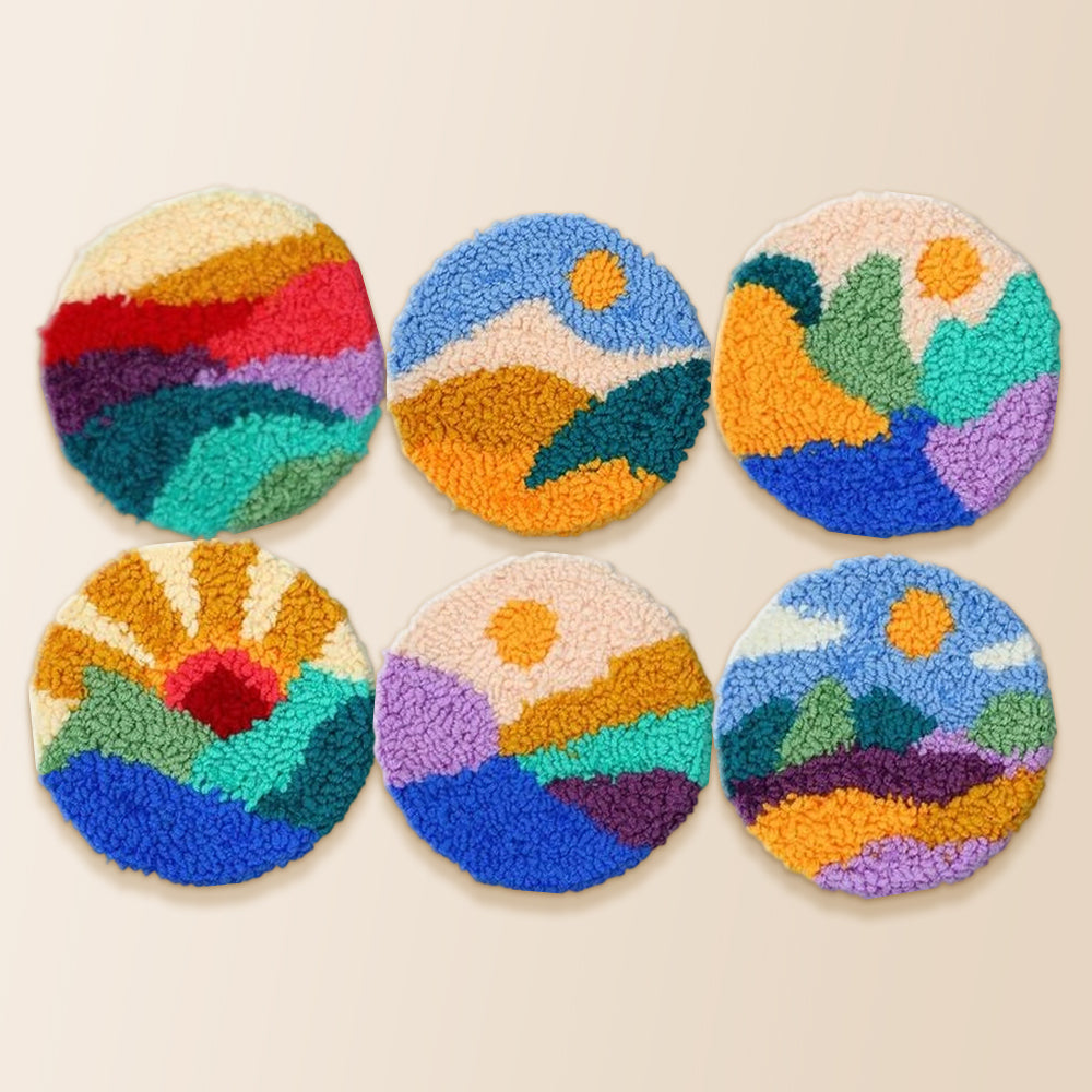 Vibrant sunrise and mountains punch needle coaster kit finished handmade coasters