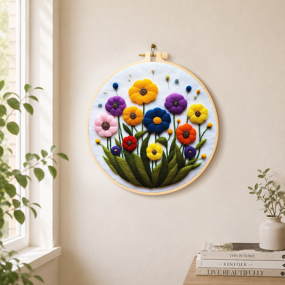 Vibrant tall wildflowers needle felt wall art displayed in a bright home interior