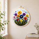 Vibrant tall wildflowers needle felt wall art displayed in a bright home interior