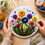 Creating the vibrant tall wildflowers wool painting by hand with a felting needle