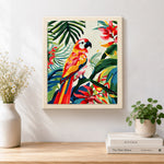 Finished vibrant tropical macaw parrot artwork displayed on a wall