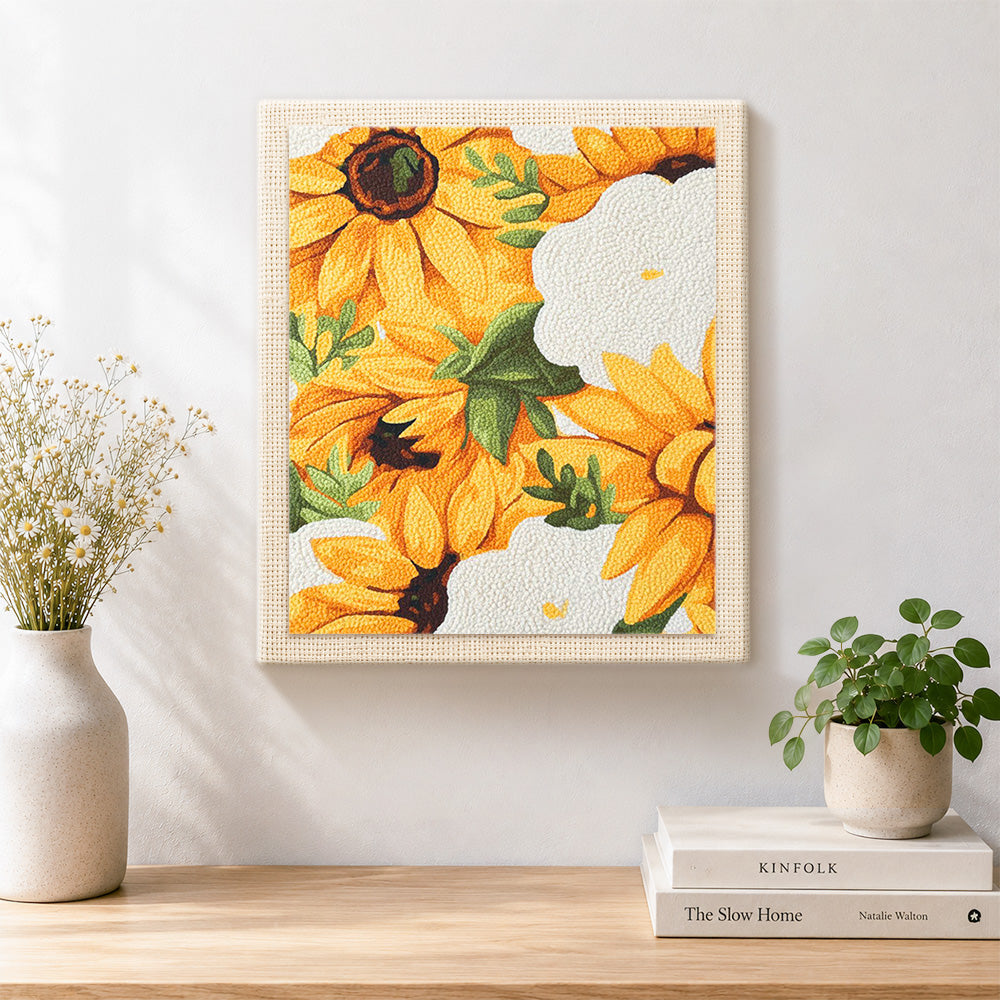 Finished vibrant yellow sunflowers artwork displayed on a wall