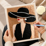 Creating handmade vintage lady in black hat punch needle artwork