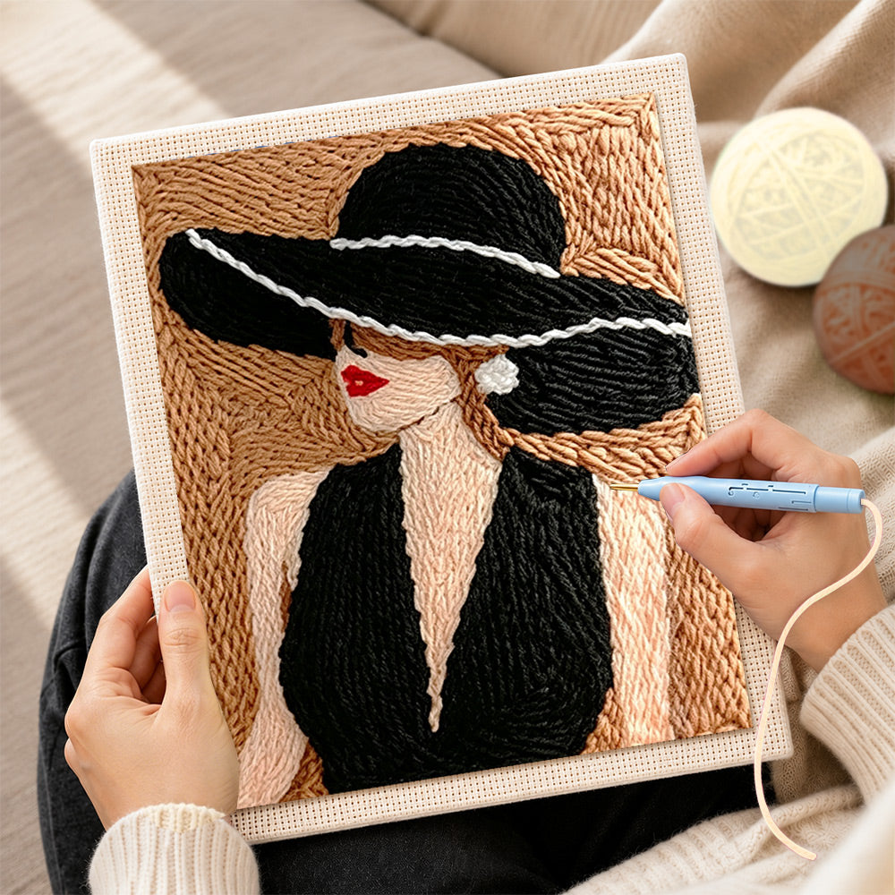 Creating handmade vintage lady in black hat punch needle artwork