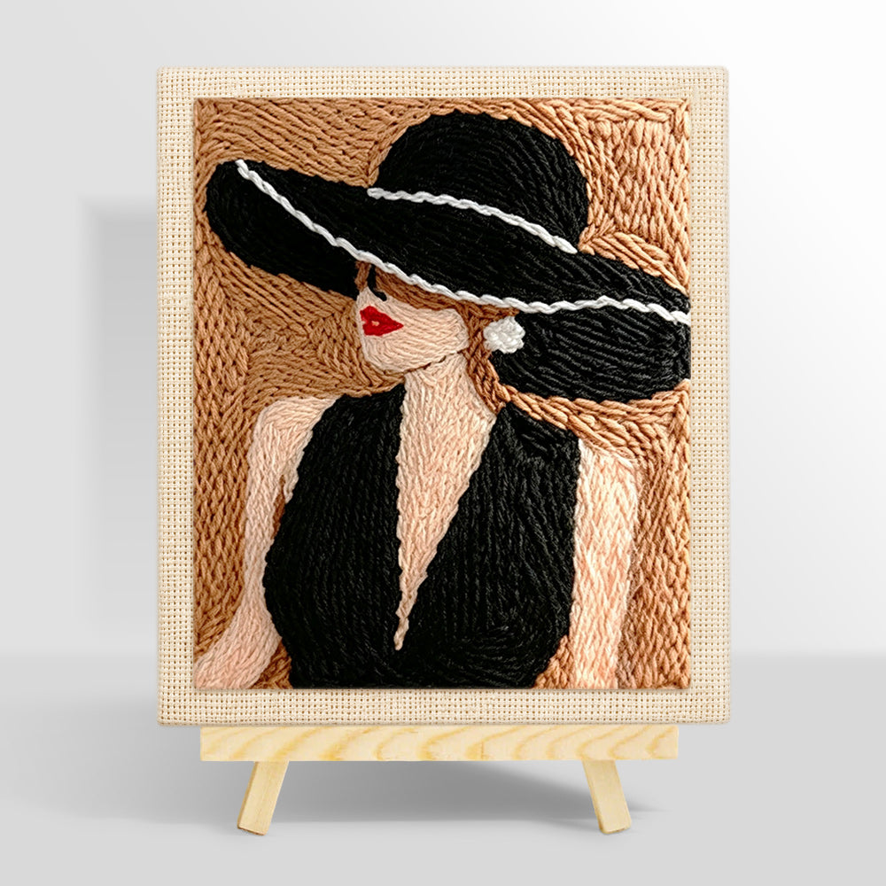 Vintage lady in black hat punch needle kit for beginners