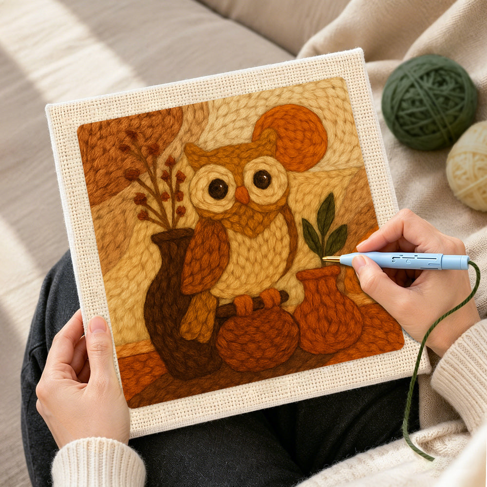 Creating handmade vintage style owl with vases punch needle artwork