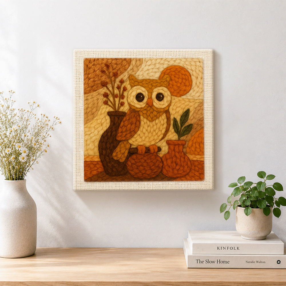 Finished vintage style owl with vases artwork displayed on a wall