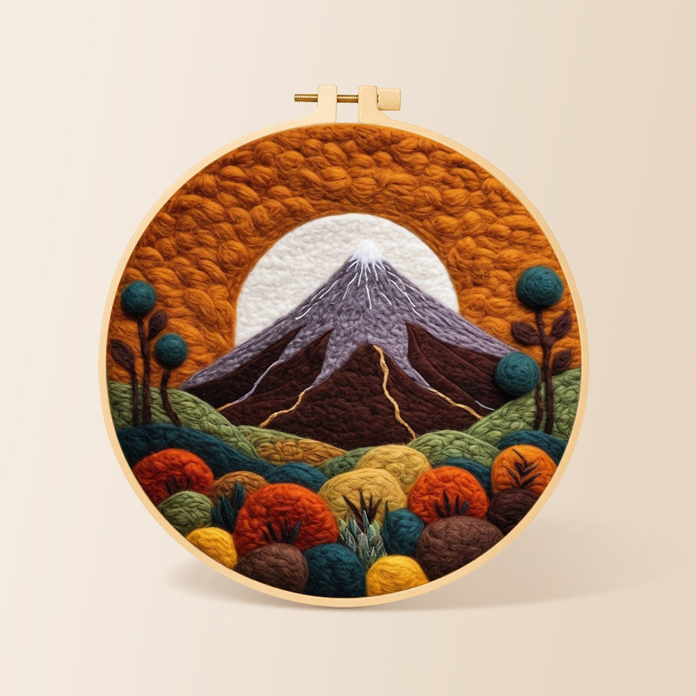 Volcanic mountain under the golden sun needle felting kit for beginners with a round wooden frame
