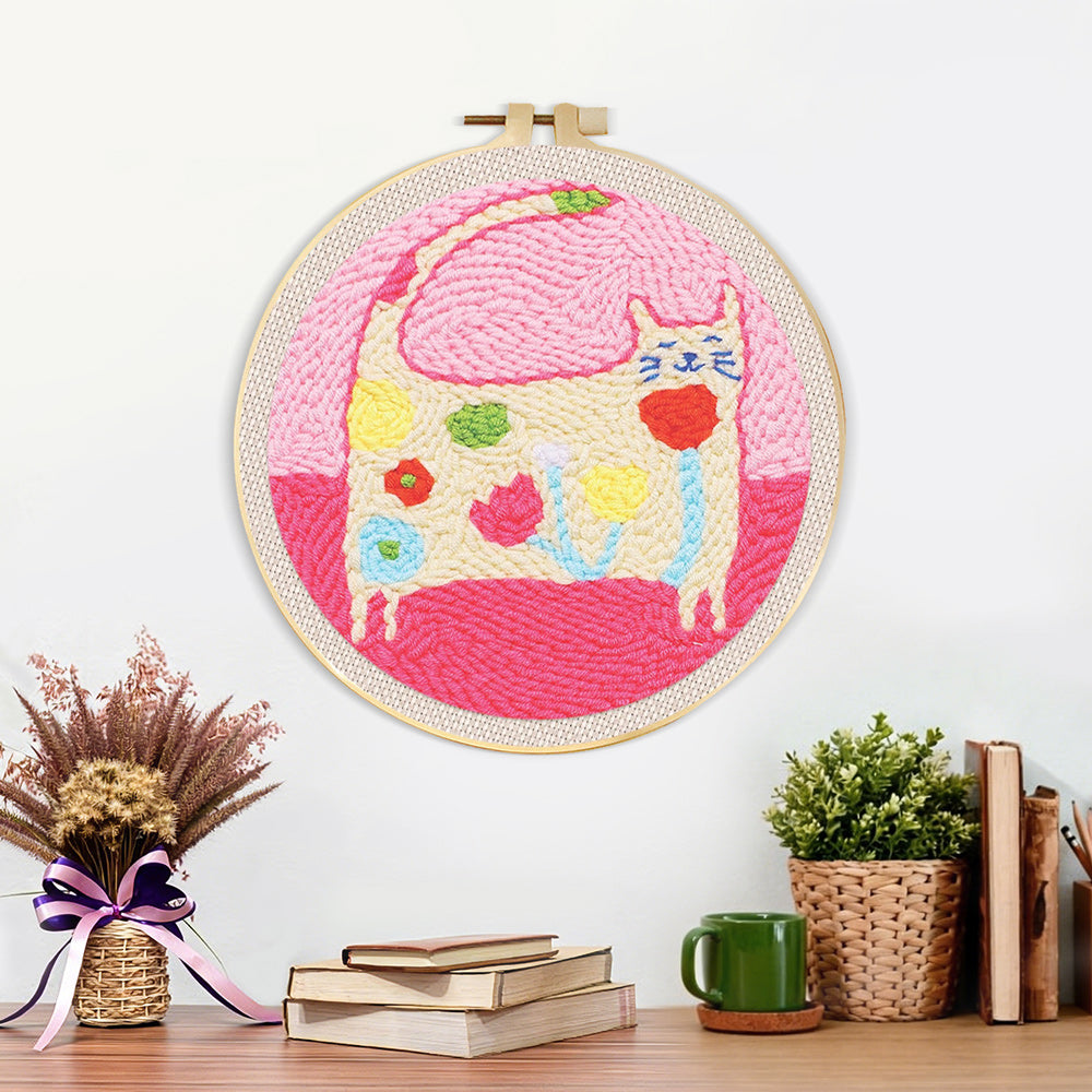 Finished warm and lovely flower cat artwork displayed on a wall