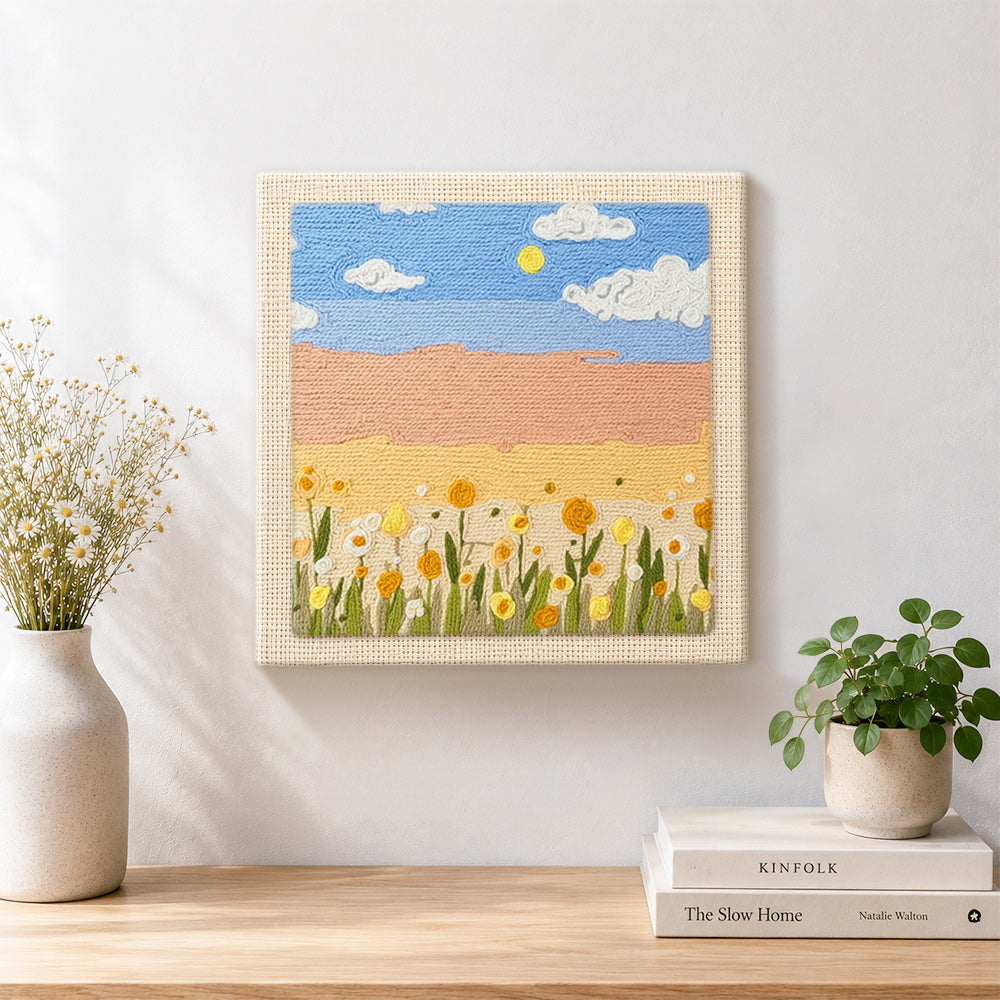 Finished warm golden sunlight and flowers artwork displayed on a wall