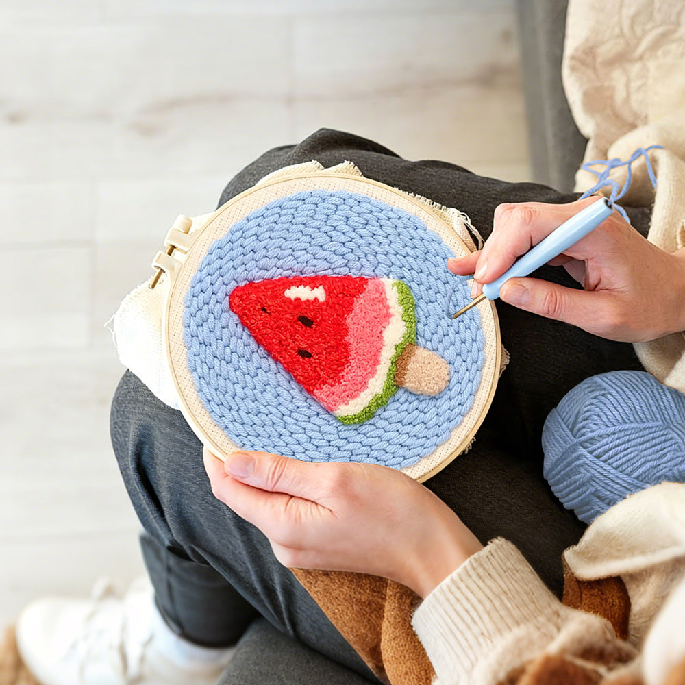 Creating handmade watermelon ice lolly punch needle artwork