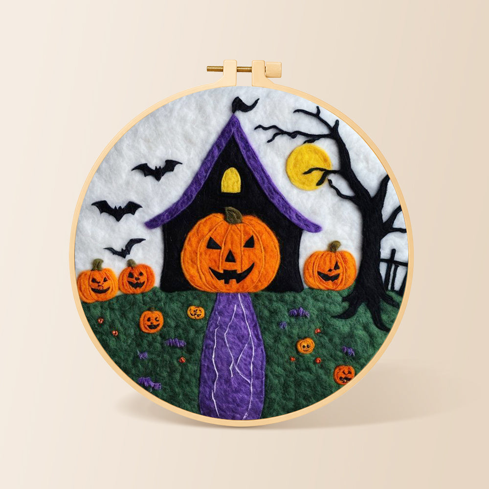 Weird pumpkin head house needle felting kit for beginners with a round wooden frame