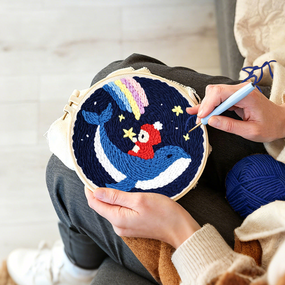 Creating handmade whale and astronaut in starry night sky punch needle artwork
