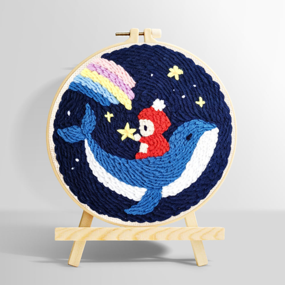Whale and astronaut in starry night sky punch needle kit for beginners