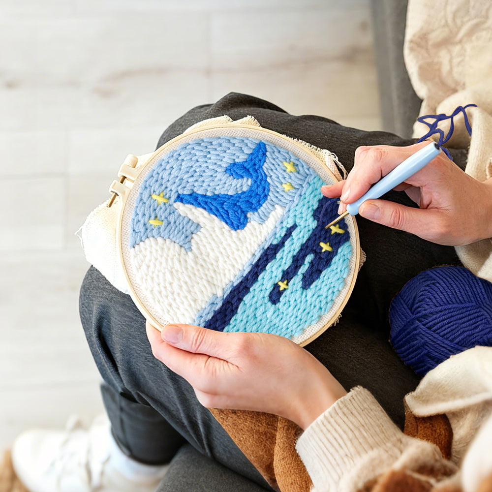Creating handmade whale and iceberg ocean punch needle artwork