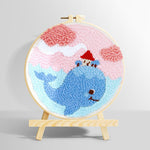 Whale carrying a small house in dreamy sky punch needle kit for beginners