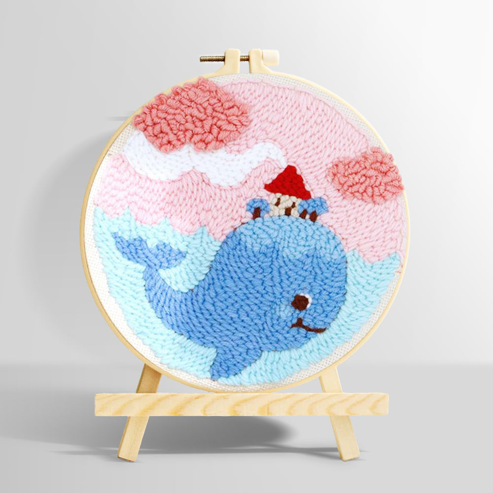 Whale carrying a small house in dreamy sky punch needle kit for beginners