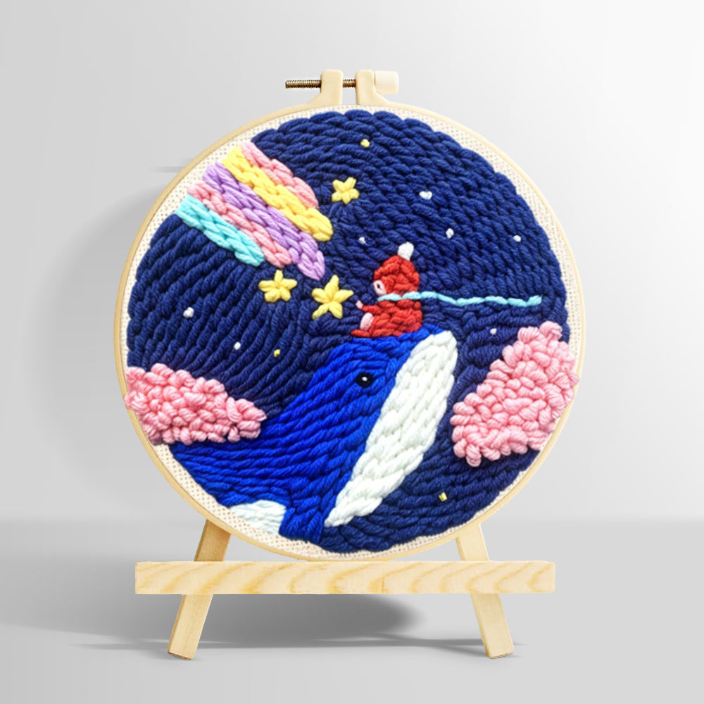 Whale in night sky with rainbow and clouds punch needle kit for beginners