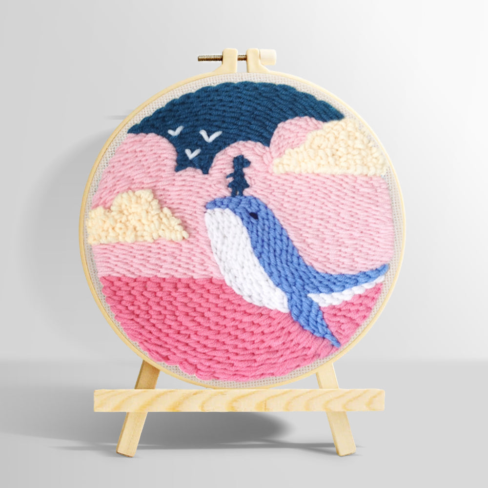 Whale jumping out of pink ocean punch needle kit for beginners