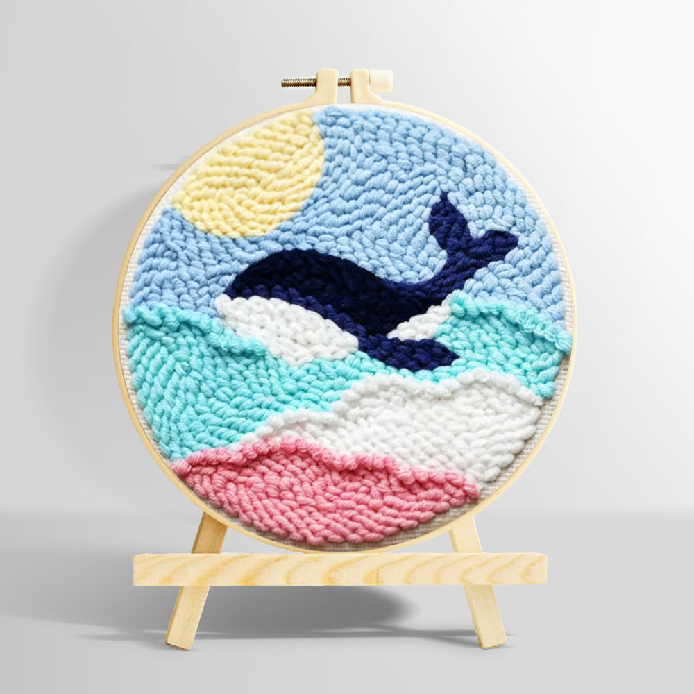 Whale jumping over rainbow waves punch needle kit for beginners
