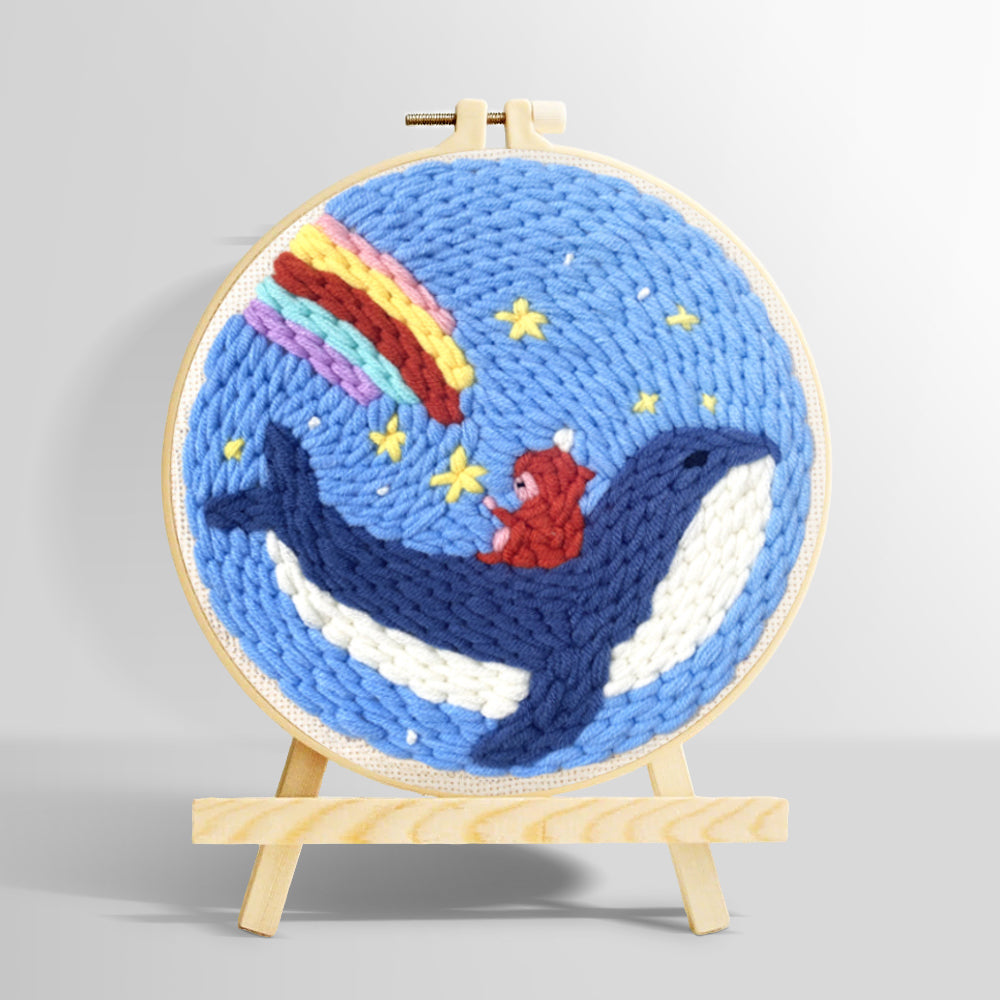 Whale riding astronaut with rainbow sky punch needle kit for beginners