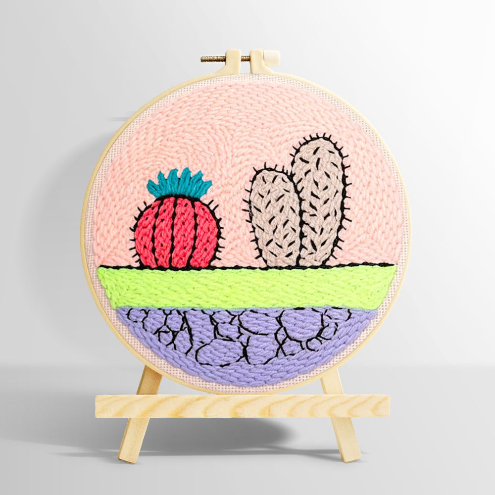 Whimsical cactus and cracked earth punch needle kit for beginners