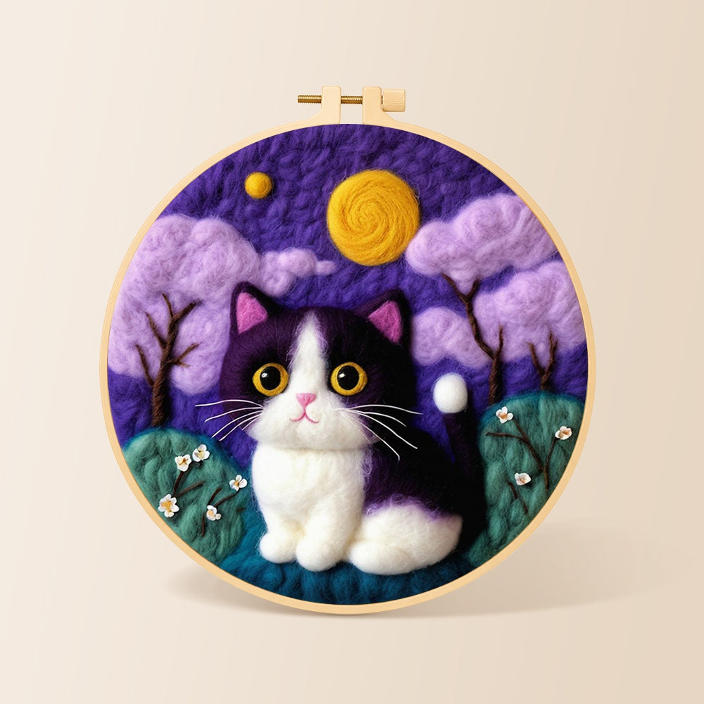 Whimsical cat under the purple night sky needle felting kit for beginners with a round wooden frame