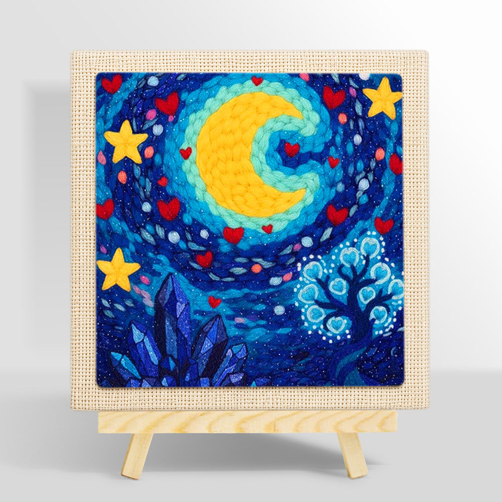 Whimsical crescent moon, stars and crystal tree punch needle kit for beginners