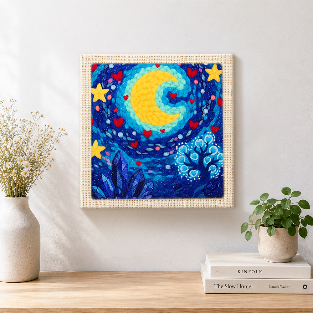 Finished whimsical crescent moon, stars and crystal tree artwork displayed on a wall