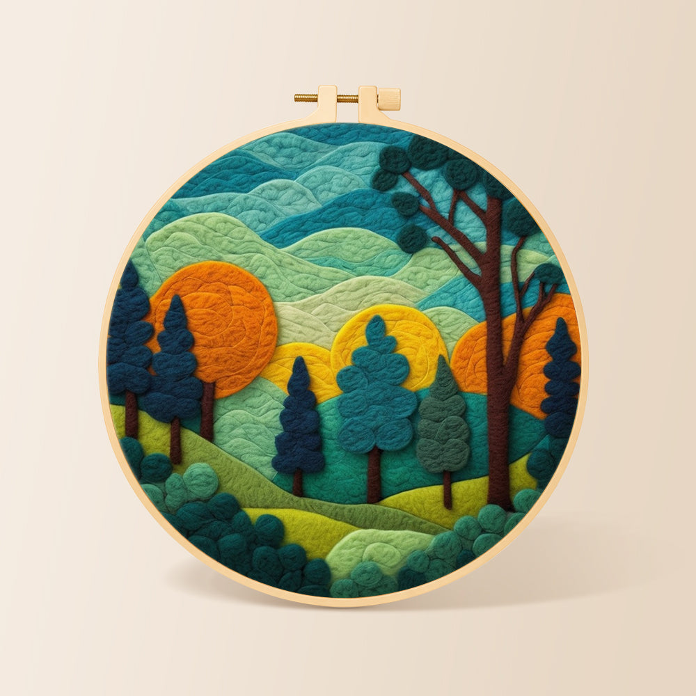 Whimsical forest and rolling mountains needle felting kit for beginners with a round wooden frame
